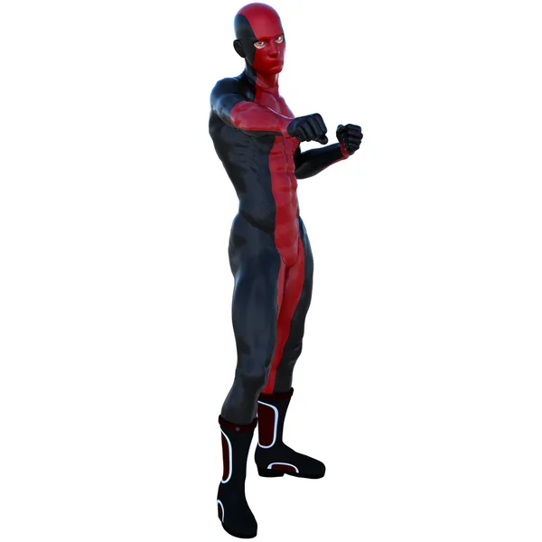 Een jonge superheld man met spieren in rood zwart super pak — Stockfoto