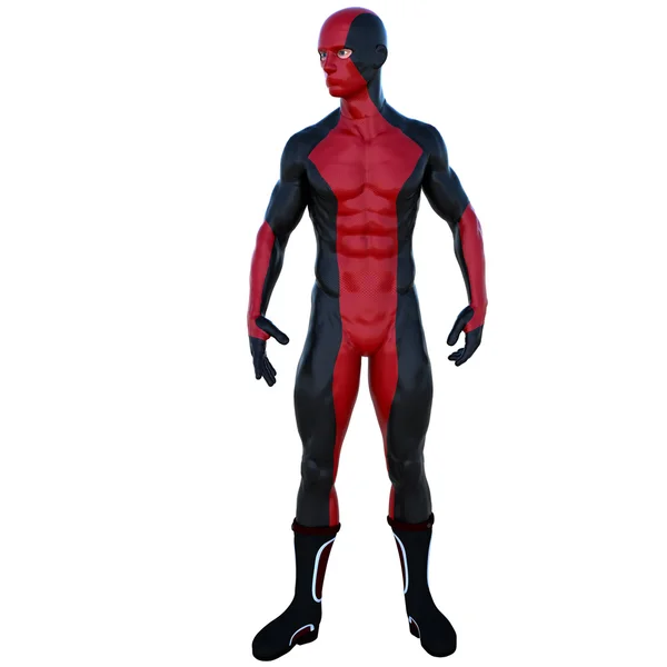 One young superhero man with muscles in red black super suit — Stock Photo, Image