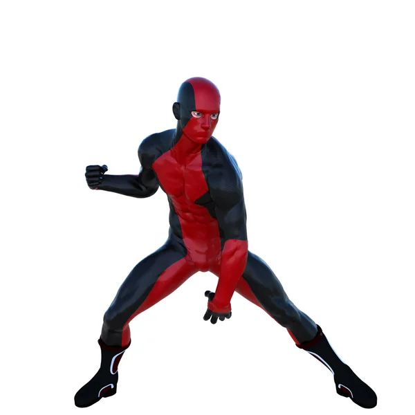 One young superhero man with muscles in red black super suit — Stock Photo, Image