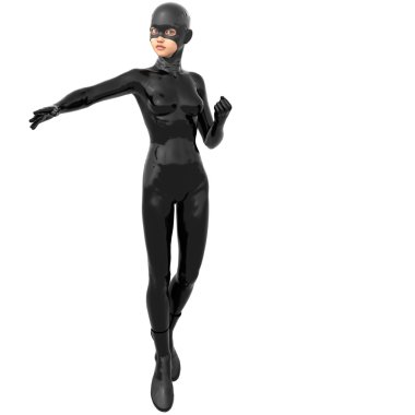 tam siyah süper takım elbiseli bir genç süper kahraman ince kız