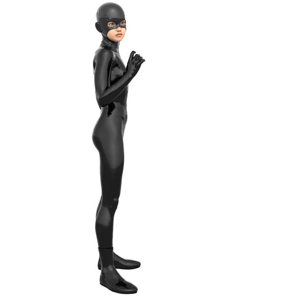 One young superhero slim girl in full black super suit — Stock Photo, Image