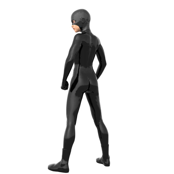 Een jonge superheld slank meisje in volledige zwarte super pak — Stockfoto