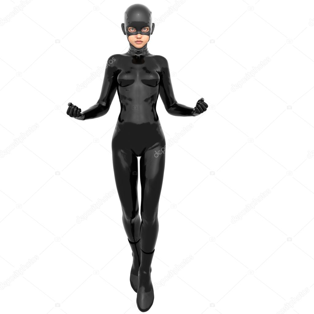 one young superhero slim girl in full black super suit