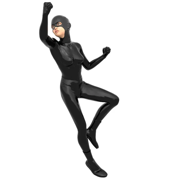 Um jovem super-herói menina magro em preto completo super terno — Fotografia de Stock