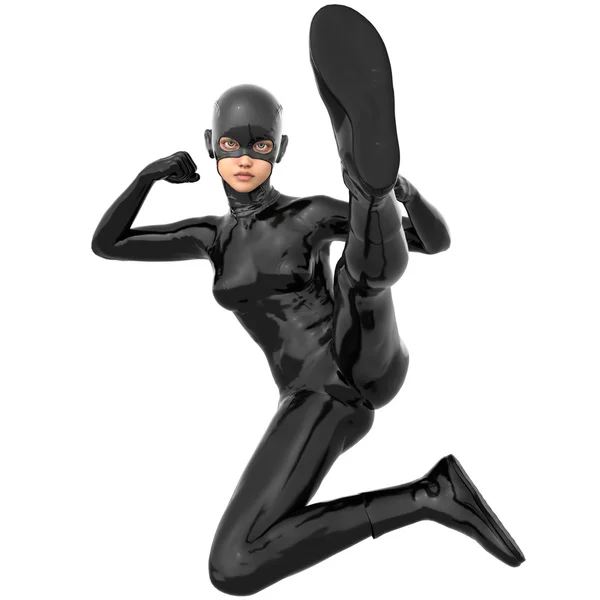 Una joven chica delgada superhéroe en traje súper negro completo —  Fotos de Stock