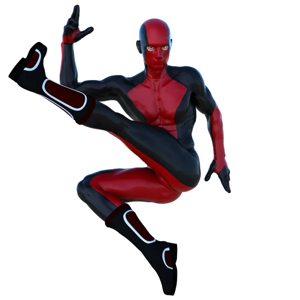 Un joven superhéroe hombre con músculos en traje súper negro rojo . — Foto de Stock