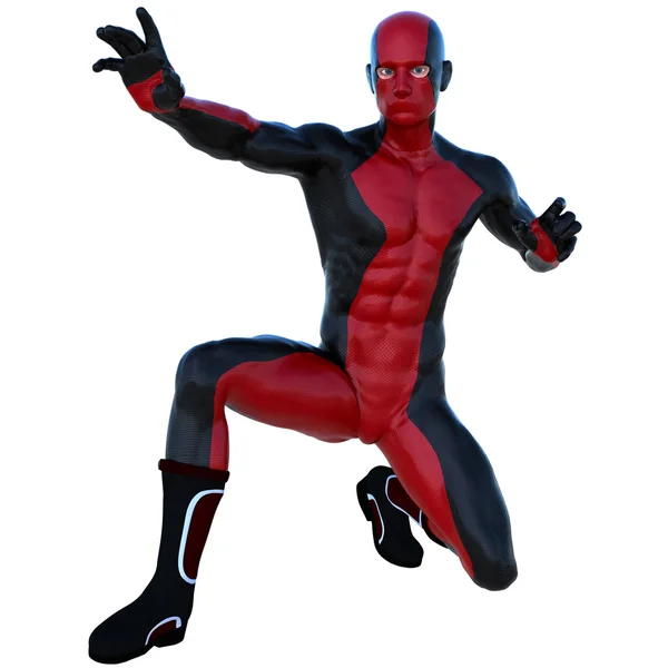 En ung superhjälte man med muskler i röd svart super kostym. — Stockfoto
