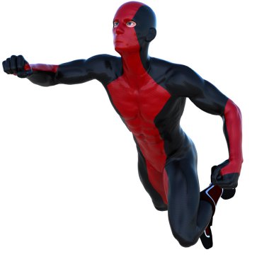 Takım elbiseli kırmızı siyah süper kaslı bir genç süper kahraman adam.