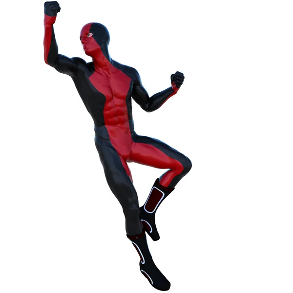 Ein junger Superheldenmann mit Muskeln im roten schwarzen Superanzug. — Stockfoto