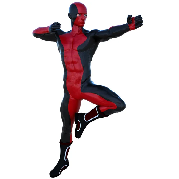 Een jonge superheld man met spieren in rood zwart super pak. — Stockfoto