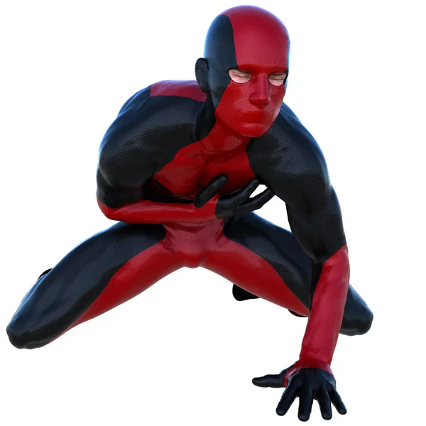 Ένας άνθρωπος νέος υπερήρωα με τους μυς σε κόκκινο μαύρο σούπερ κοστούμι. — Φωτογραφία Αρχείου