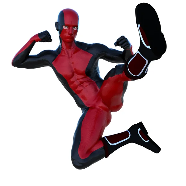 Un giovane uomo supereroe con muscoli in super abito nero rosso — Foto Stock