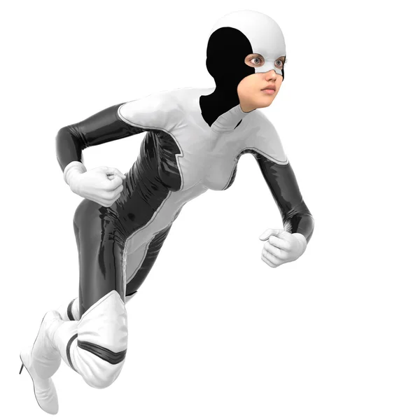 Uma menina magro em super terno super herói preto e branco — Fotografia de Stock