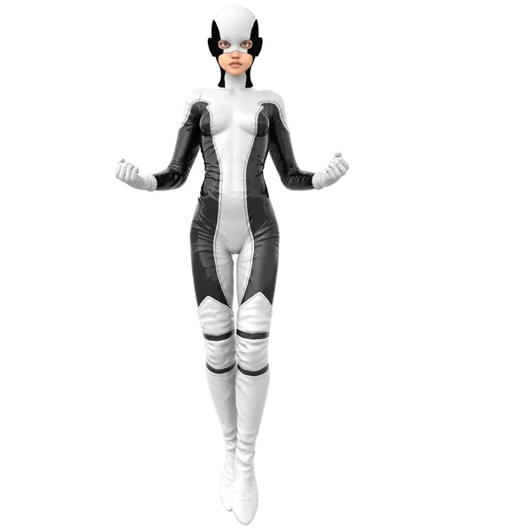 Una chica delgada en traje súper superhéroe blanco y negro — Foto de Stock