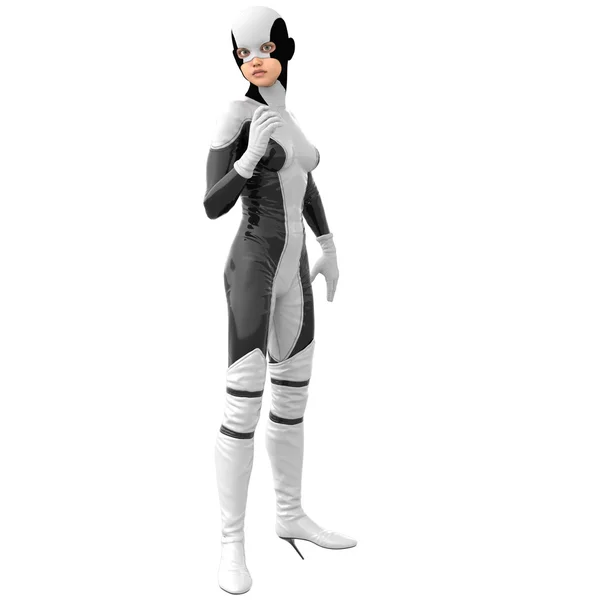 Une fille mince en super costume de super-héros noir et blanc — Photo