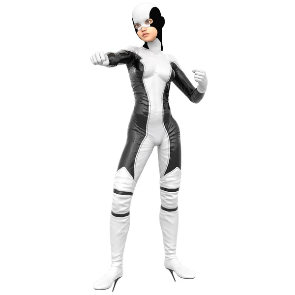 One slim girl in black and white superhero super suit — Stock Photo, Image