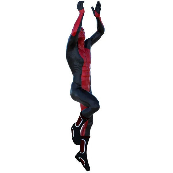 Un joven superhéroe hombre con músculos en traje súper negro rojo — Foto de Stock