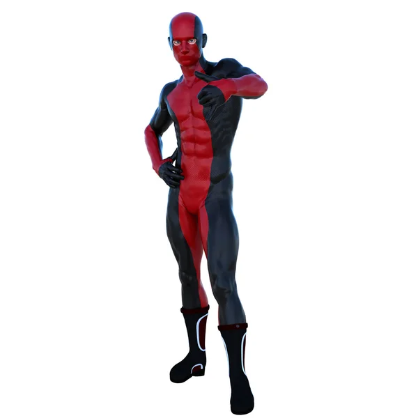 Een jonge superheld man met spieren in rood zwart super pak — Stockfoto