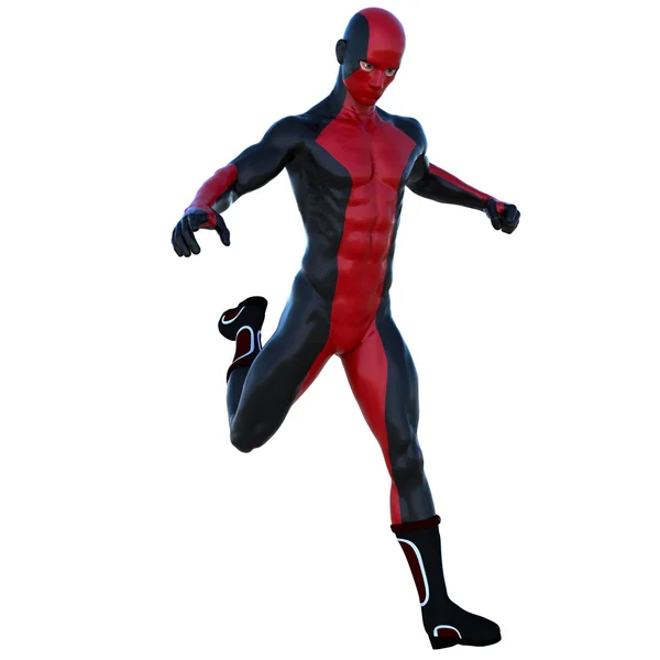 One young superhero man with muscles in red black super suit — Stock Photo, Image