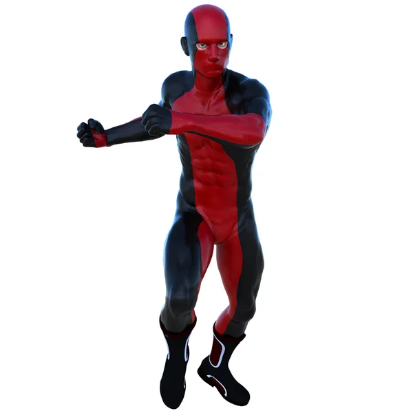 One young superhero man with muscles in red black super suit — Stock Photo, Image