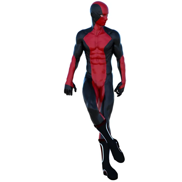 One young superhero man with muscles in red black super suit — Stock Photo, Image