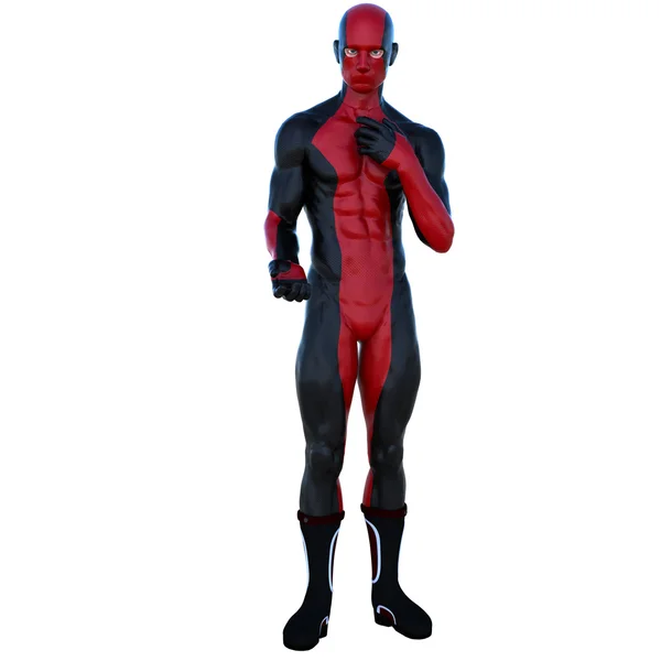 One young superhero man with muscles in red black super suit — Stock Photo, Image