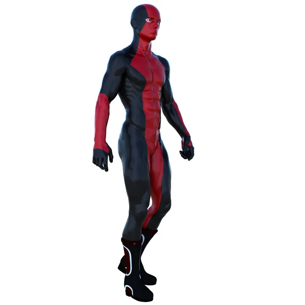 One young superhero man with muscles in red black super suit — Stock Photo, Image