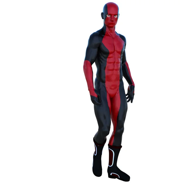 Un joven superhéroe hombre con músculos en traje súper negro rojo —  Fotos de Stock