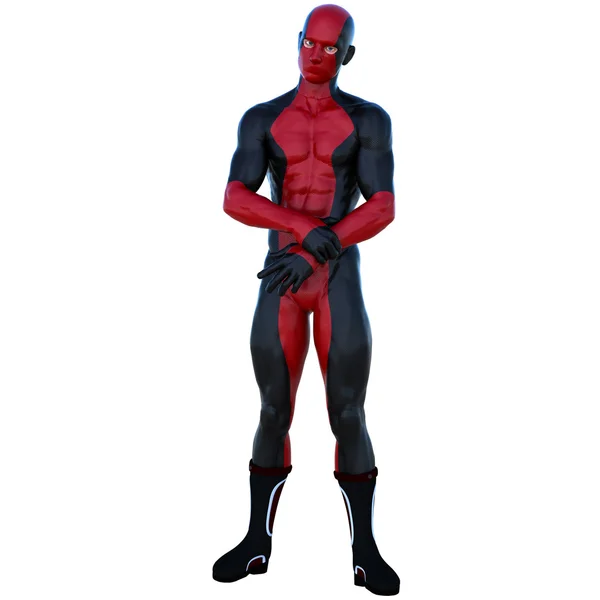 One young superhero man with muscles in red black super suit — Stock Photo, Image