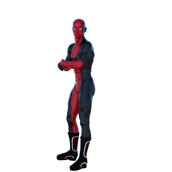 Ένας άνθρωπος νέος υπερήρωα με τους μυς σε κόκκινο μαύρο σούπερ κοστούμι — Φωτογραφία Αρχείου