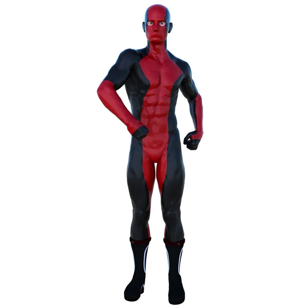 一个年轻的超级英雄人的肌肉在红色黑色超级套装 — 图库照片