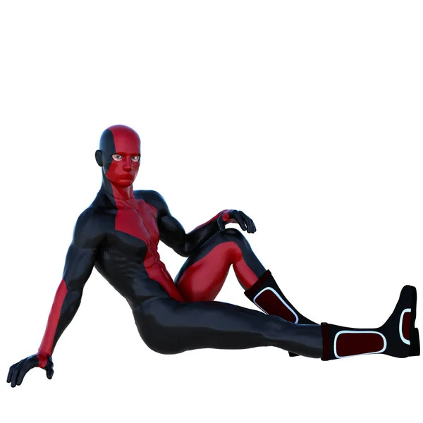 Один молодой супергерой с мускулами в красном черном супер-костюме — стоковое фото