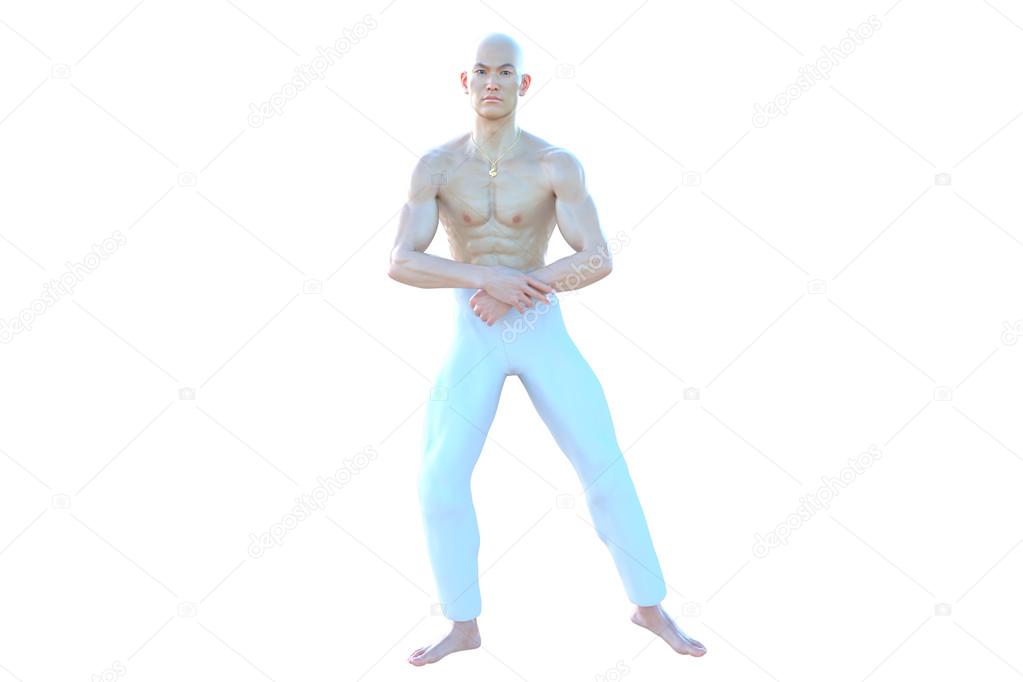 One muscular and bald Asian male
