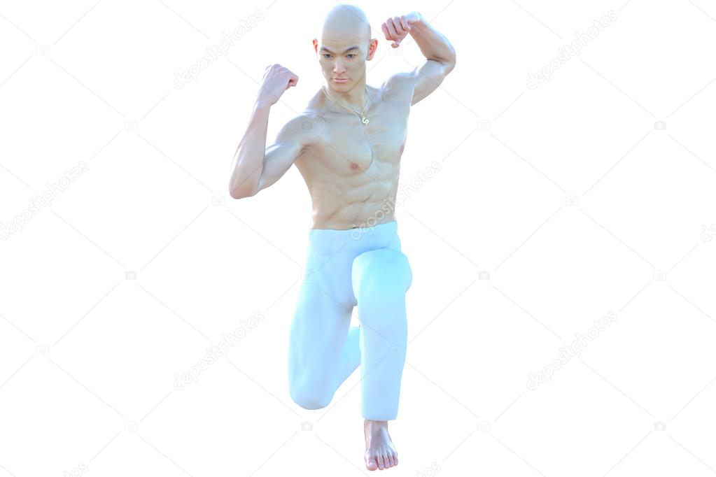 One muscular and bald Asian male