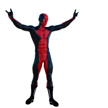 Kırmızı ve siyah süper elbiseli bir genç güçlü adam