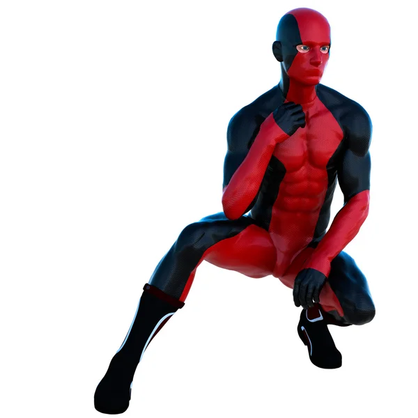 A young strong man in a red and black super suit — Stock Photo, Image