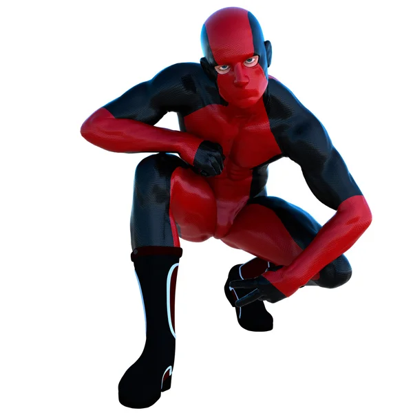 Un hombre joven y fuerte en un super traje rojo y negro —  Fotos de Stock