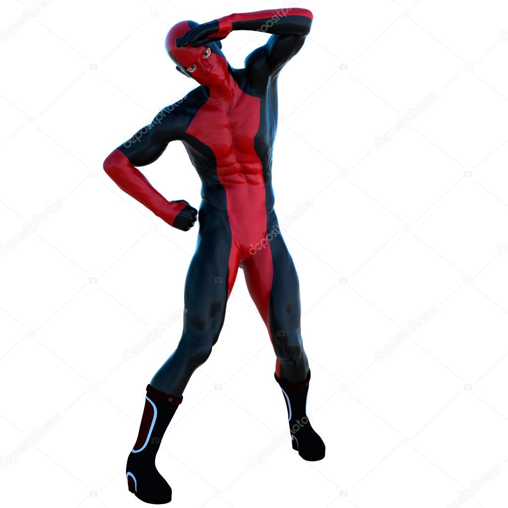 a young strong man in a red and black super suit