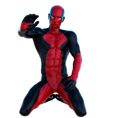 Kırmızı ve siyah süper elbiseli bir genç güçlü adam