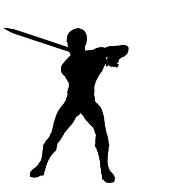 Kırmızı ve siyah süper elbiseli bir genç güçlü adam. Bacaklarınızı açın bir demir kılıçla elinde duruyor. Gölge