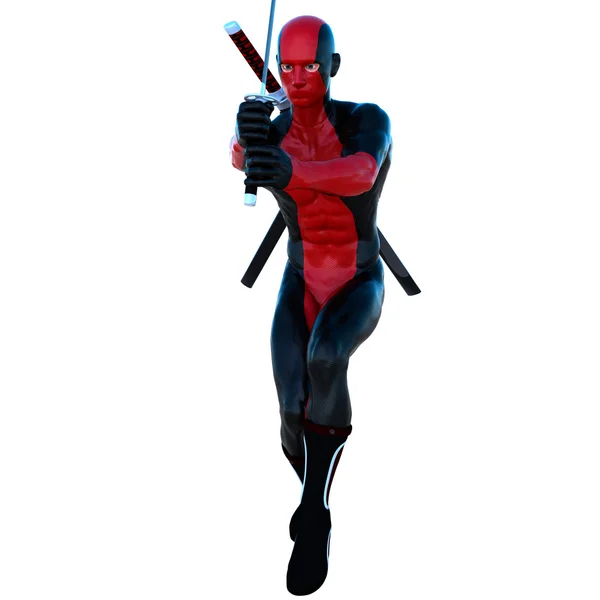 Um jovem homem forte em um super terno vermelho e preto — Fotografia de Stock