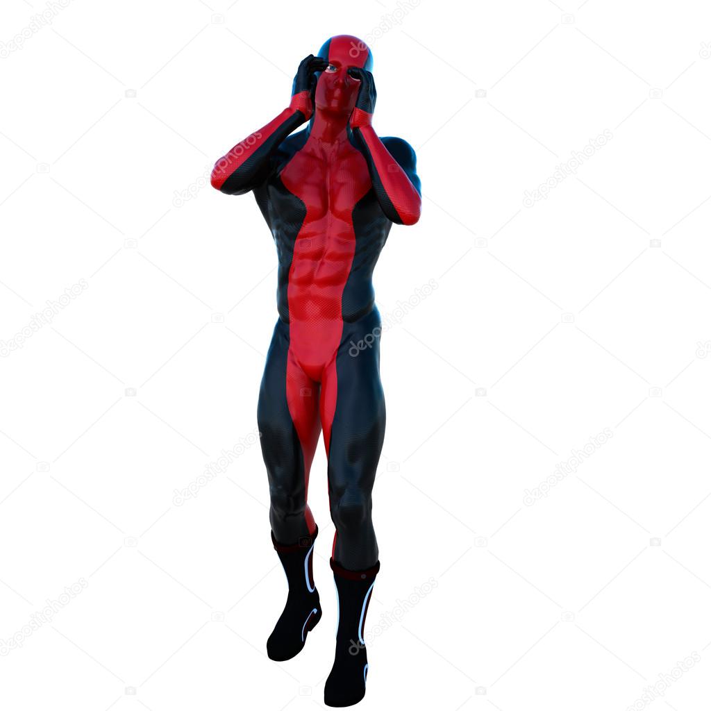a young strong man in a red and black super suit