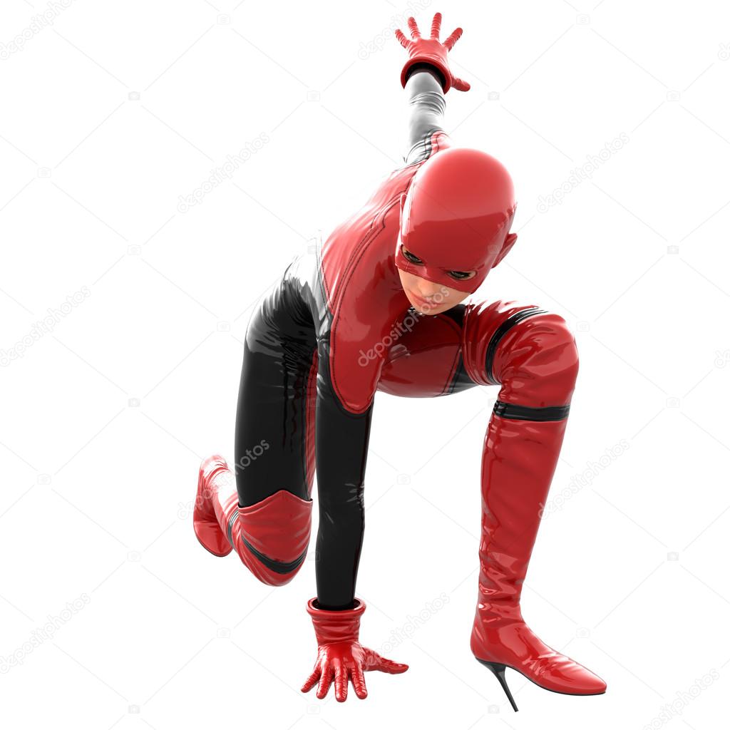 one tall woman in red black super suit