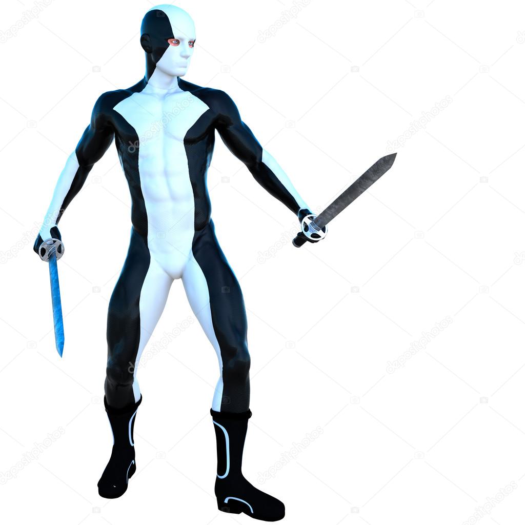 a young strong man in a white and black super suit