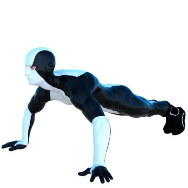 Beyaz ve siyah süper elbiseli bir genç güçlü adam