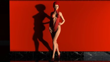 Kırmızı fütüristik giysiler içinde genç bir kız kameraya model olarak poz veriyor. Dramatik ışık