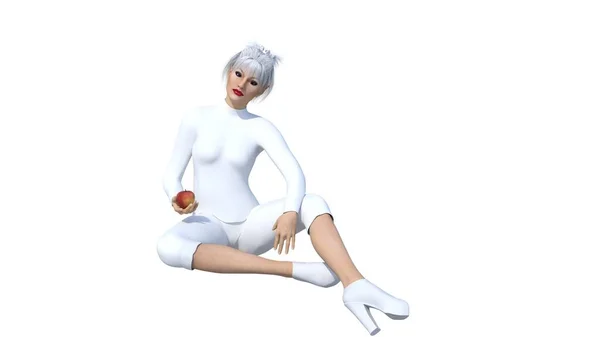 One Girl Futuristic White Clothes Posing While Sitting Floor Apple — Stock Photo, Image