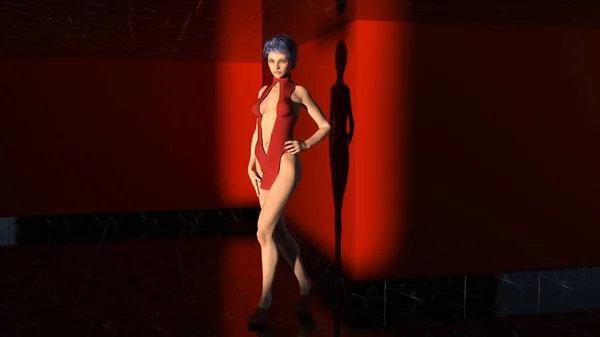 Ein Junges Mädchen Offener Ganz Roter Futuristischer Kleidung Posiert Modellhaft — Stockfoto
