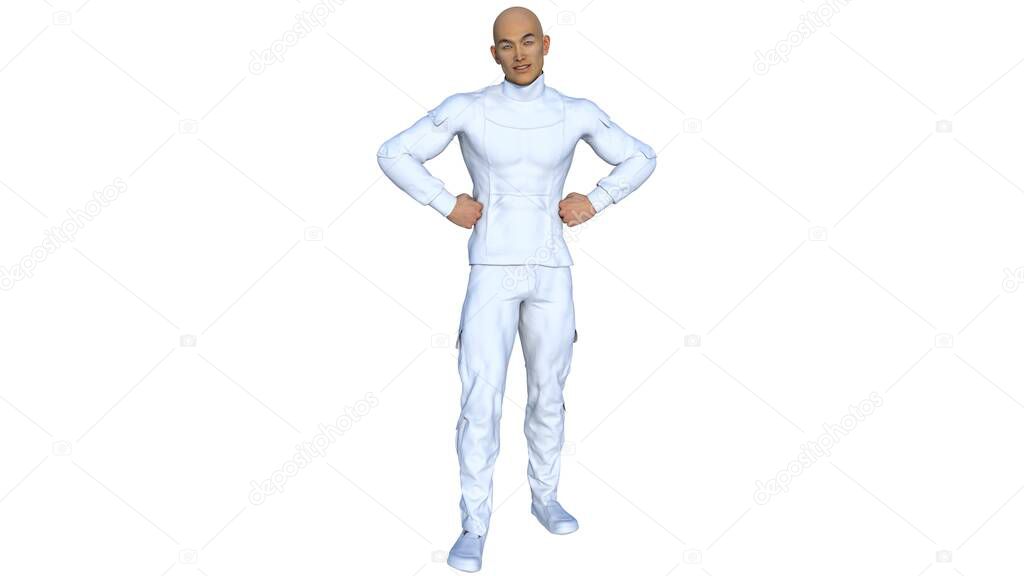 One bald man in a futuristic white suit with an Asian appearance poses showing his muscles