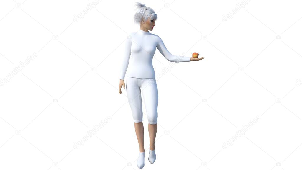 One girl in futuristic white clothes posing with an apple while standing towards the camera